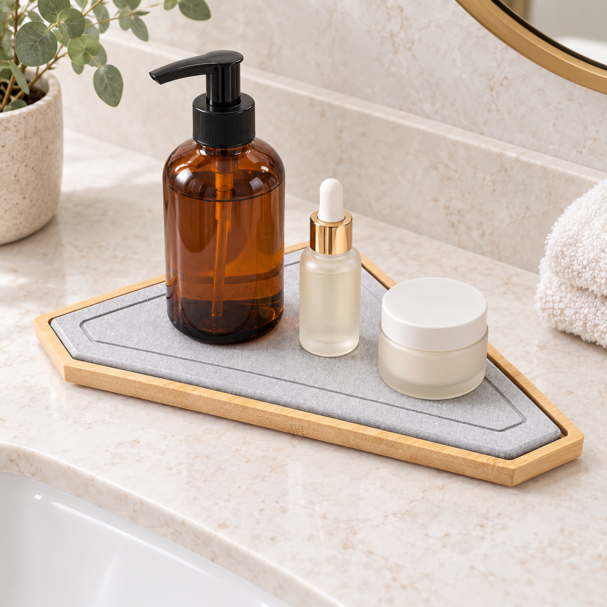 Support Triangle En Diatomite sur un meuble de salle de bain en bois