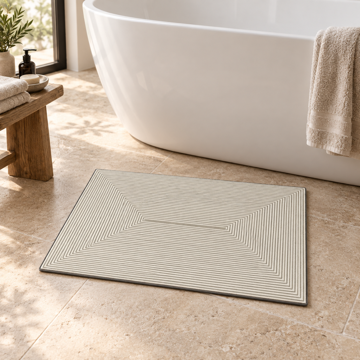 Tapis Bain Mémoire De Forme – Miroir Infini près d’une baignoire