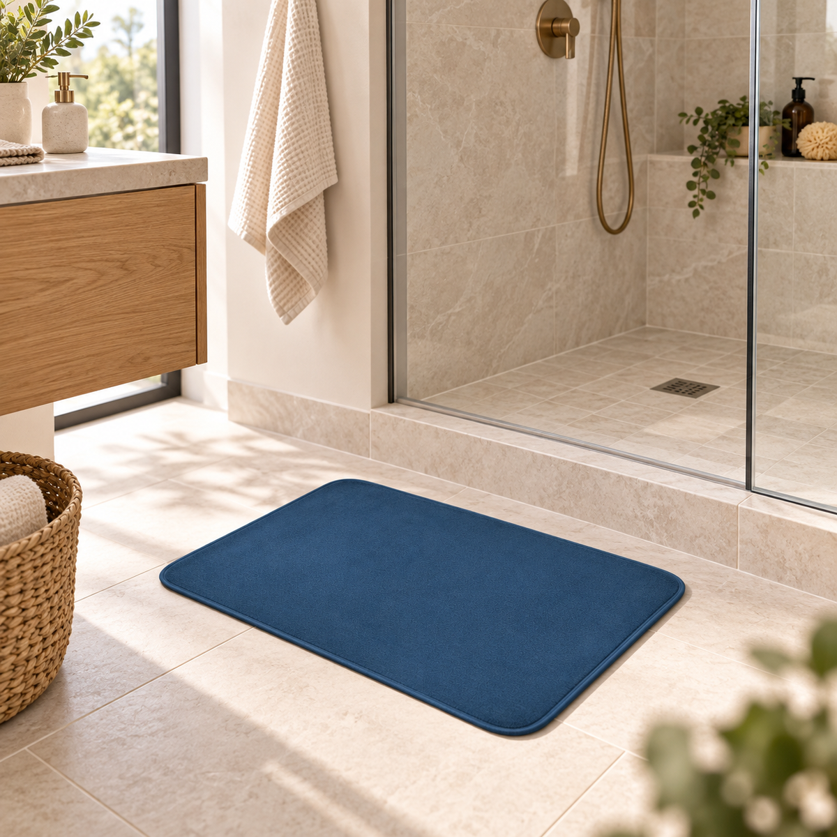 Tapis De Bain 40x60 – Bleu Nuit dans une salle de bain lumineuse