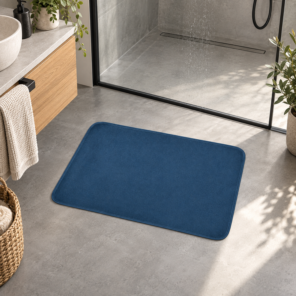 Tapis De Bain 40x60 – Bleu Nuit dans une salle de bain contemporaine