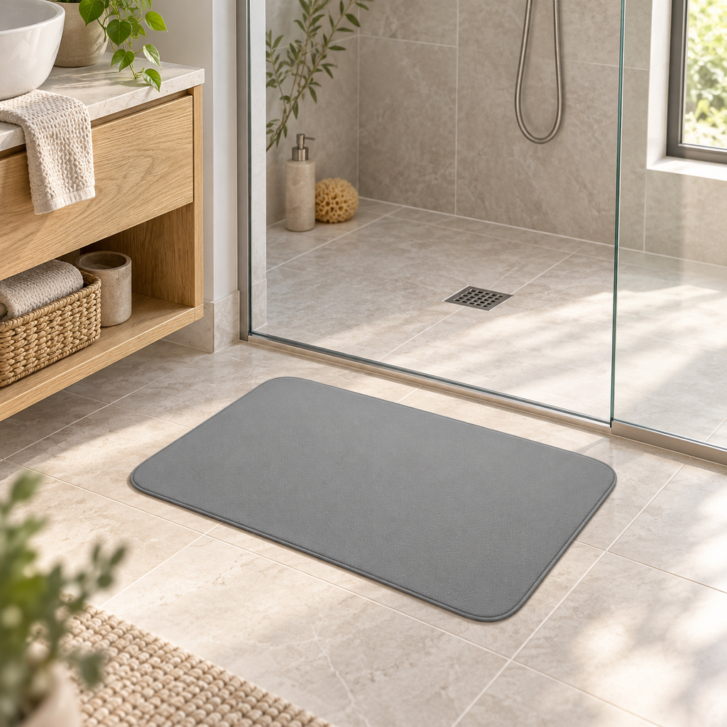 Tapis De Bain 40x60 – Gris Acier dans une salle de bain lumineuse