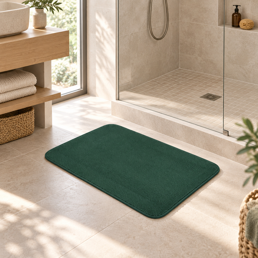 Tapis De Bain 40x60 – Vert Empire dans une salle de bain lumineuse