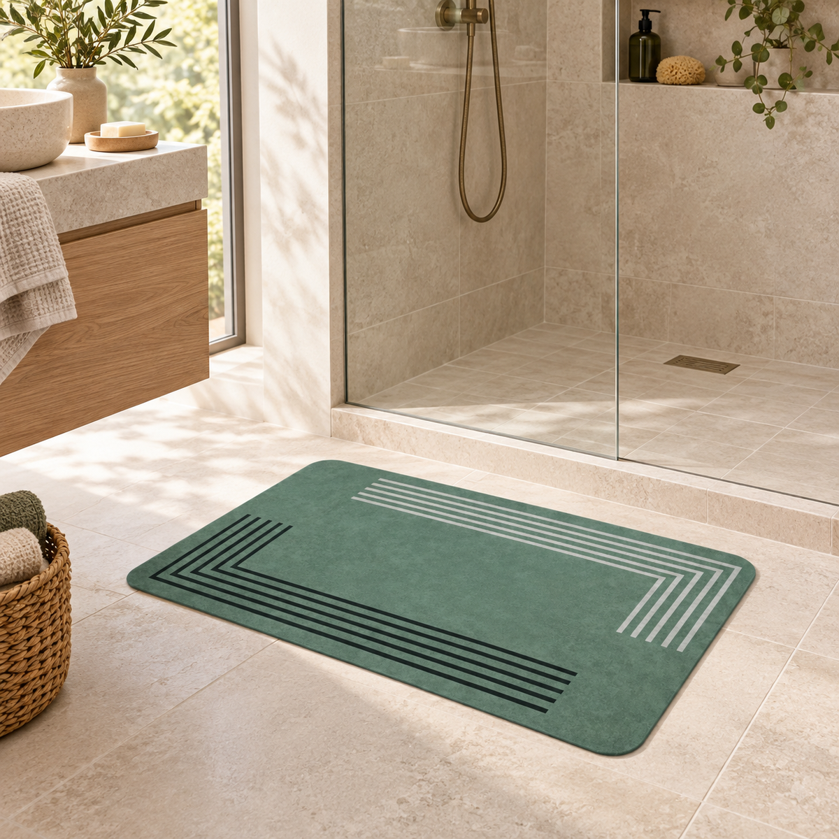 Tapis De Bain 50x80 – Vert Sauge dans une salle de bain lumineuse