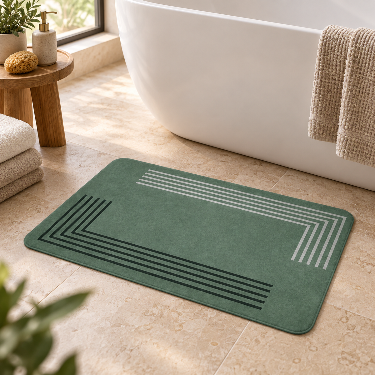Tapis De Bain 50x80 – Vert Sauge près d’une baignoire