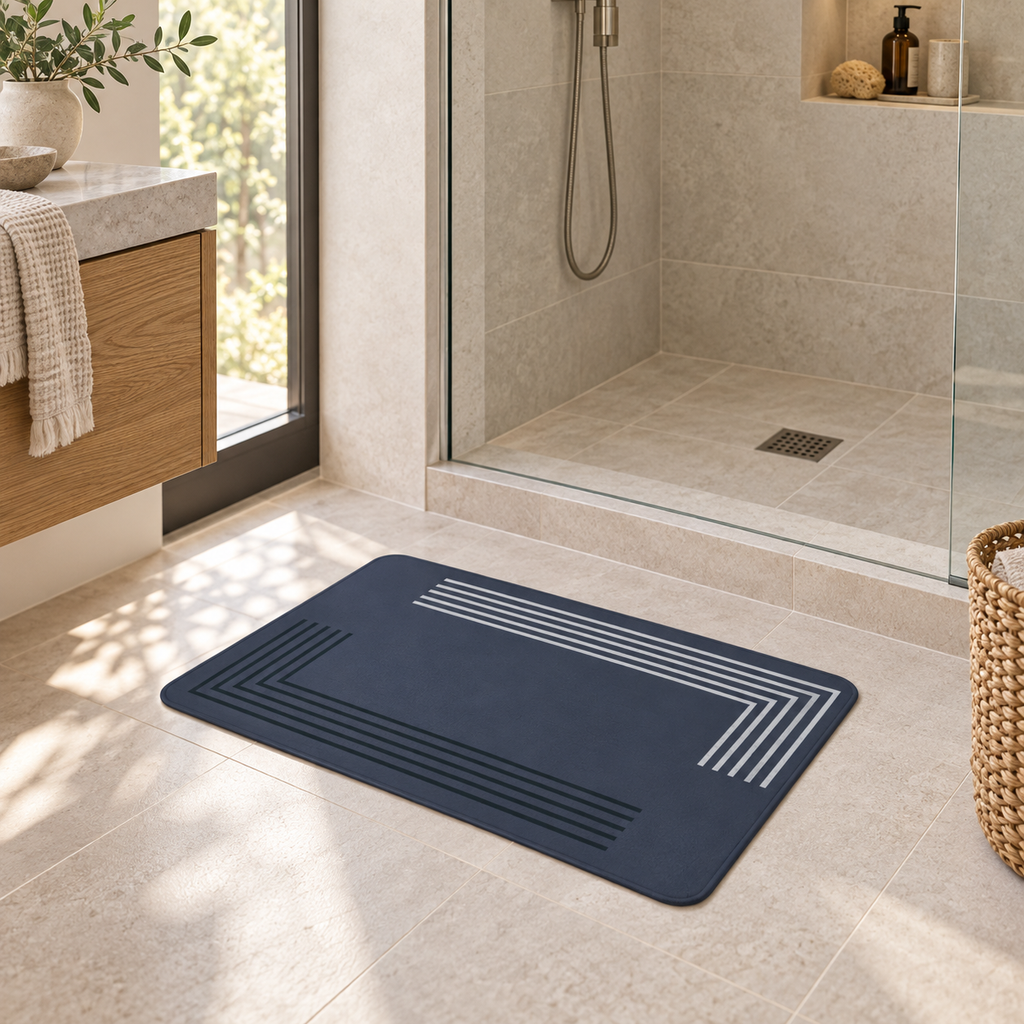 Tapis De Bain 50x80 – Marine Intense dans une salle de bain lumineuse