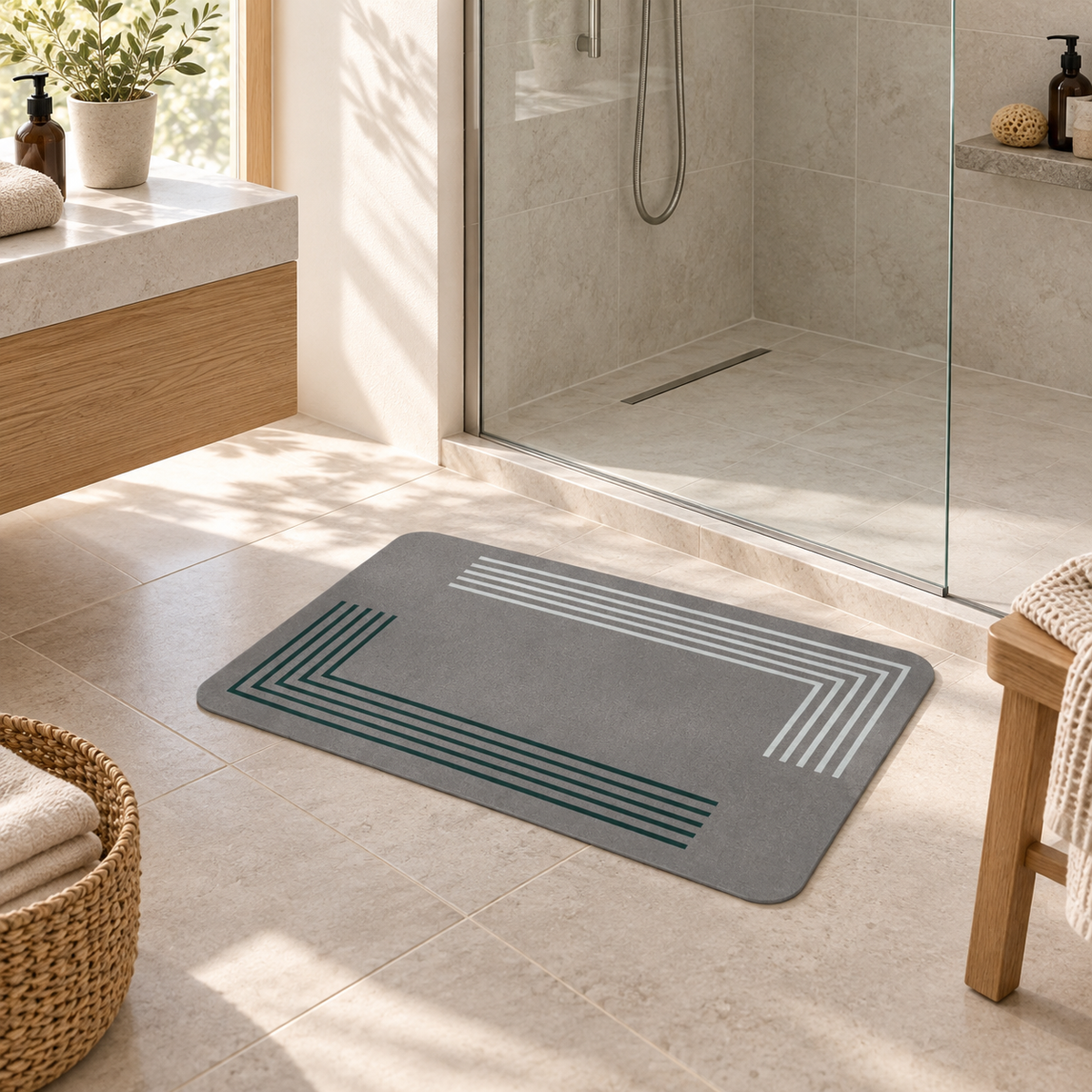 Tapis De Bain 50x80 – Taupe Foncé dans une salle de bain lumineuse