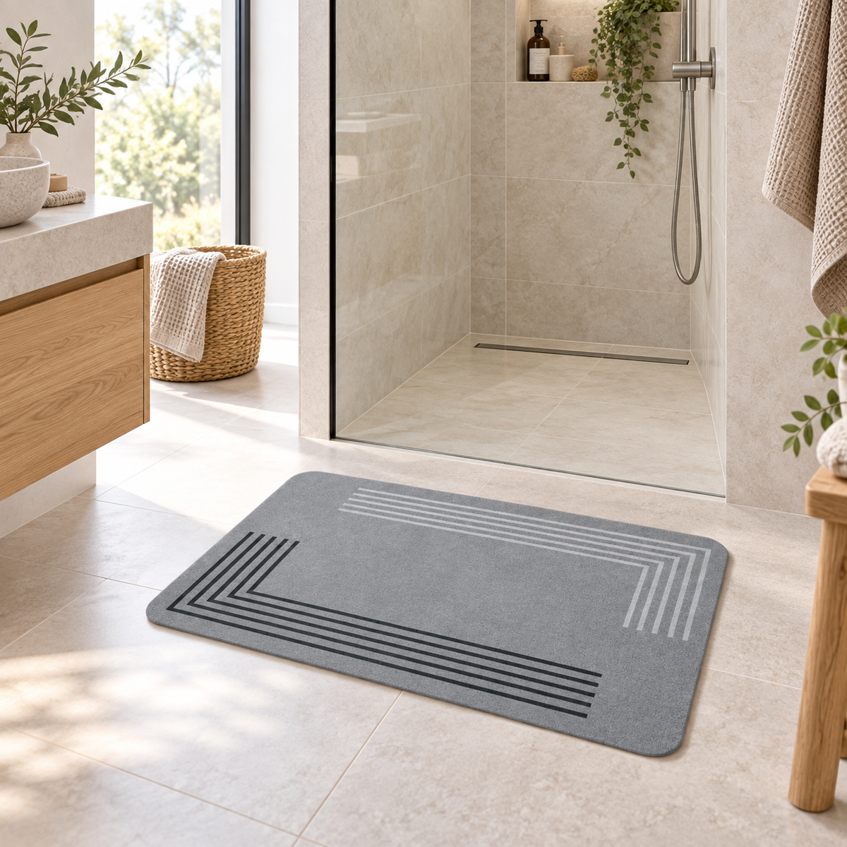 Tapis De Bain 50x80 – Gris Perle dans une salle de bain lumineuse