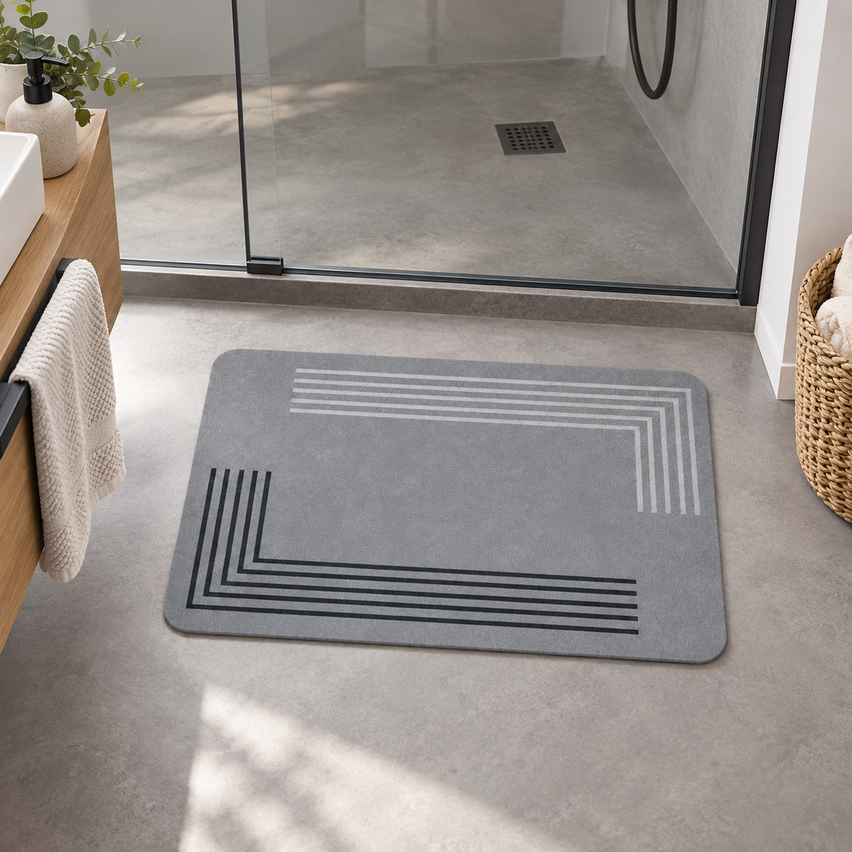 Tapis De Bain 50x80 – Gris Perle dans une salle de bain contemporaine