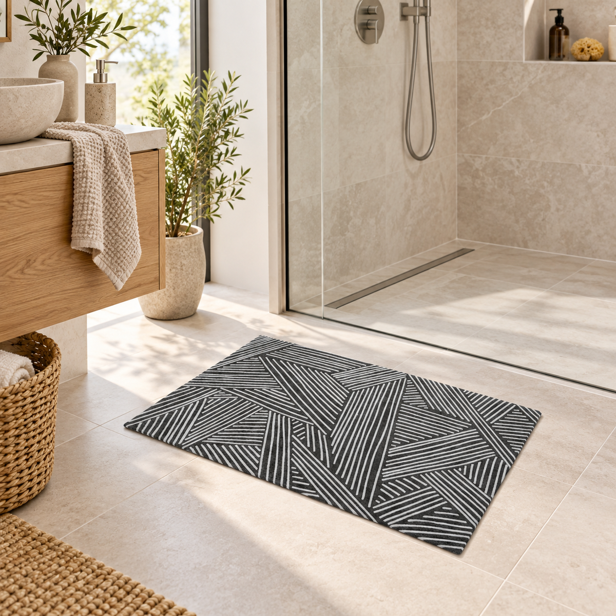 Tapis De Bain 60x90 – Veines Blanches dans une salle de bain lumineuse