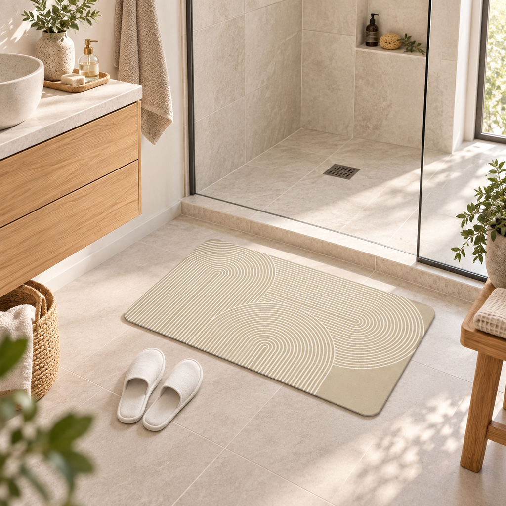 Tapis De Bain Beige – Cercles Beige dans une salle de bain lumineuse
