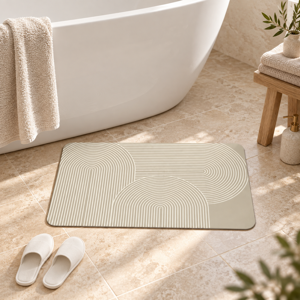 Tapis De Bain Beige – Cercles Beige près d’une baignoire