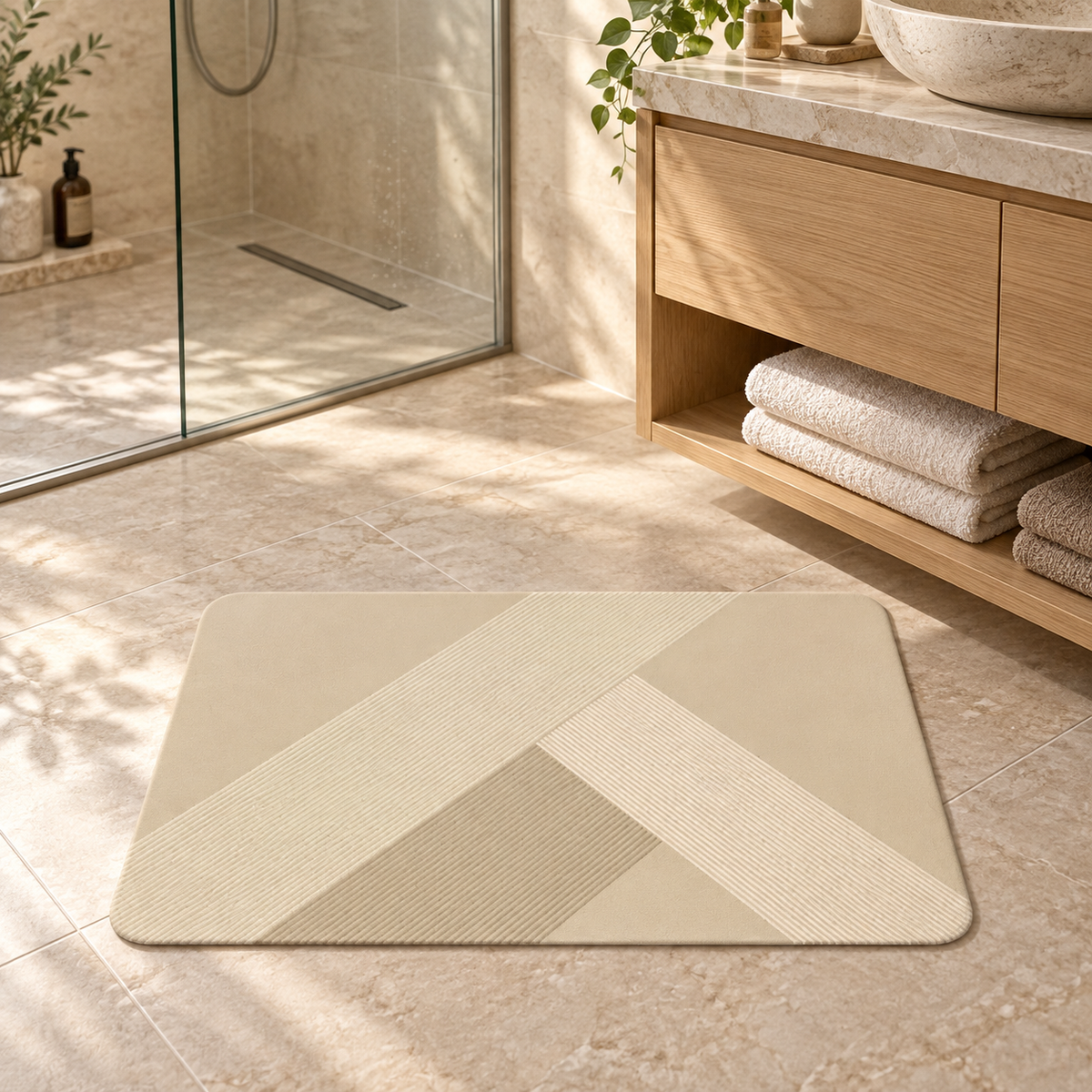 Tapis De Bain Beige – Angles Beige dans une salle de bain lumineuse