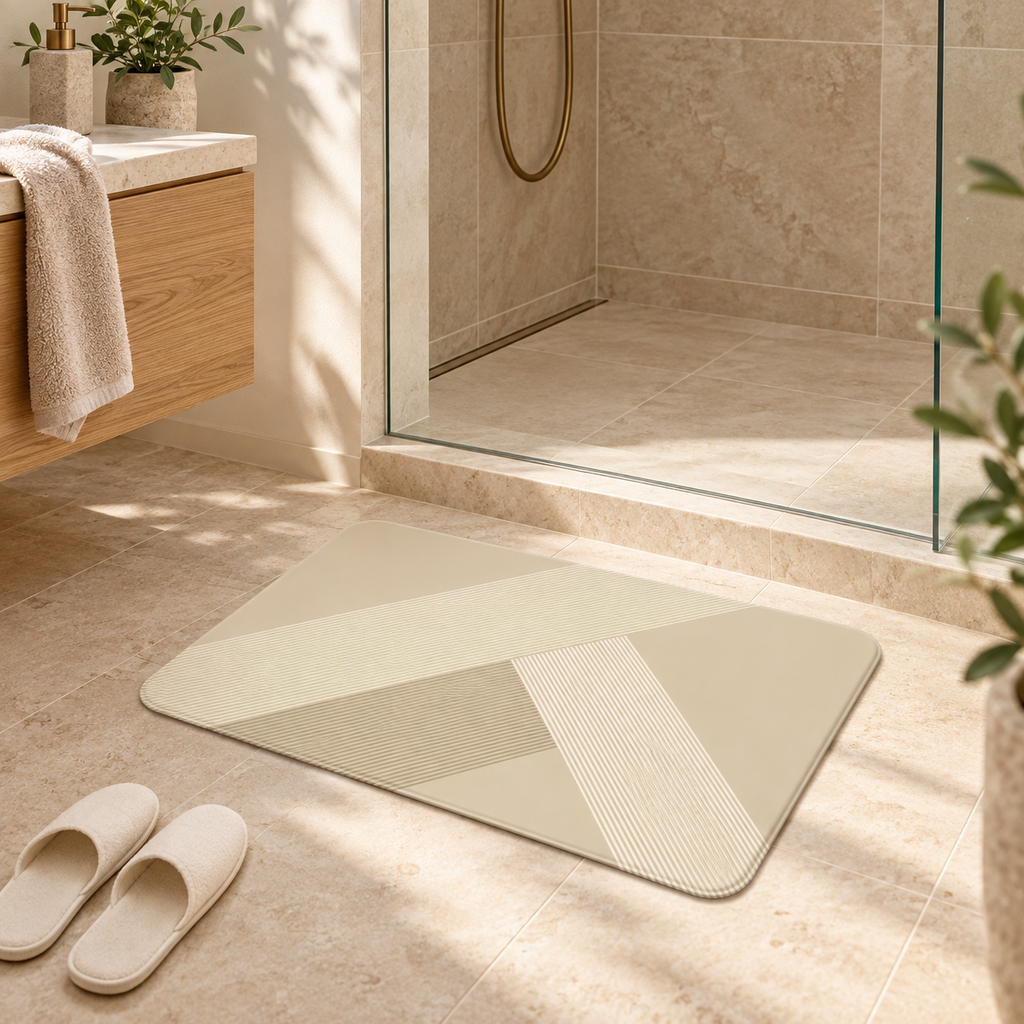 Tapis De Bain Beige – Angles Beige près d’une baignoire