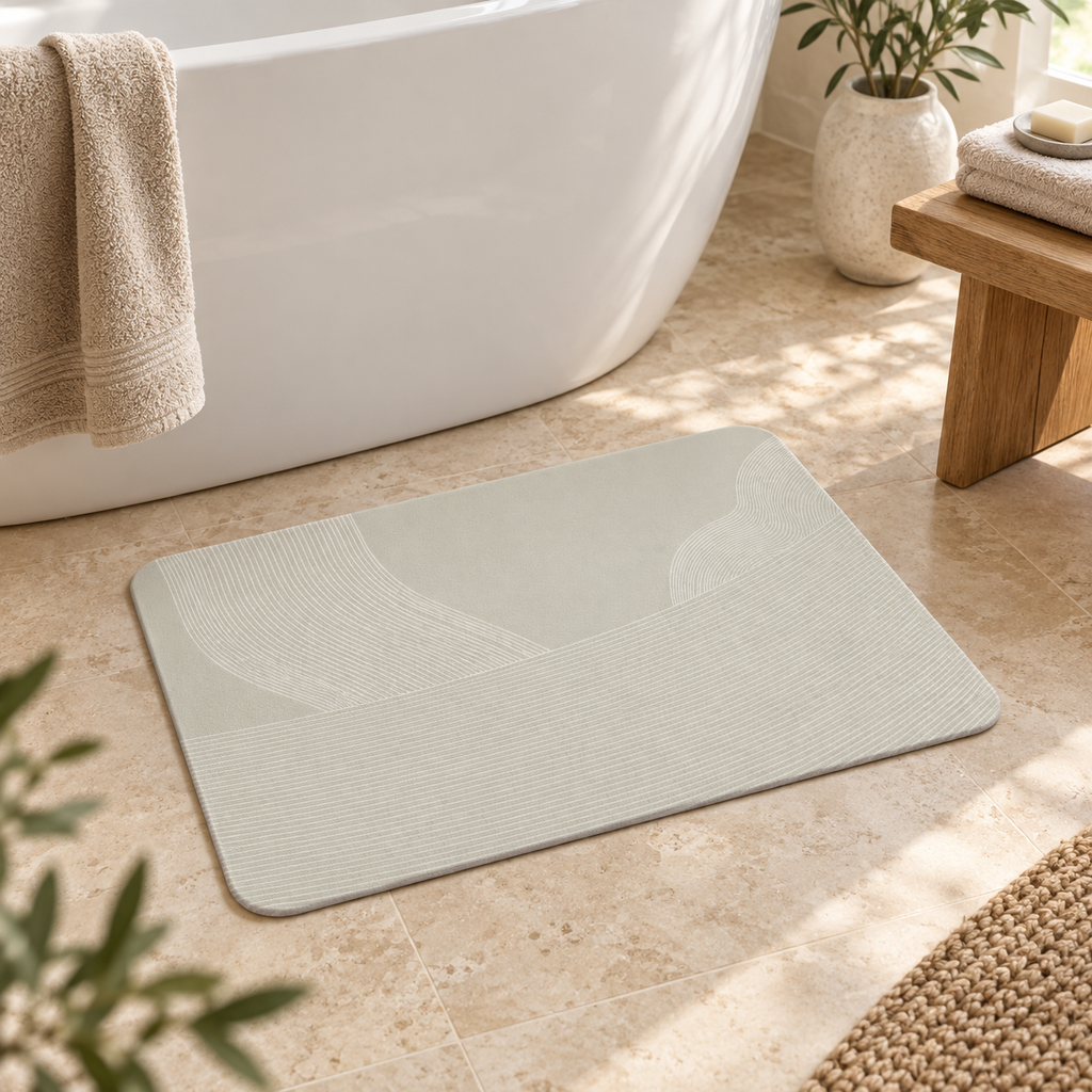 Tapis De Bain Bohème – Nuages Bohèmes / 40×60cm, Nuages Bohèmes / 50×80cm, Nuages Bohèmes / 60×90cm près d’une baignoire
