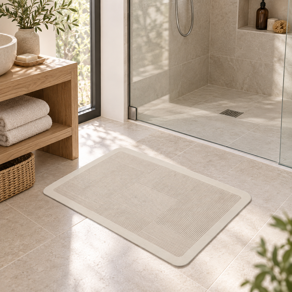 Tapis De Bain Bohème – Bohème Infini / 40×60cm, Bohème Infini / 50×80cm, Bohème Infini / 60×90cm dans une salle de bain lu…