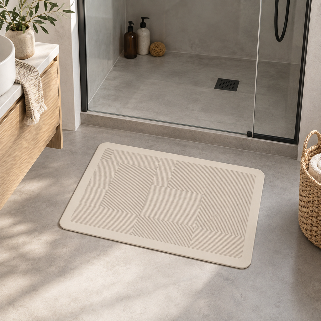 Tapis De Bain Bohème – Bohème Infini / 40×60cm, Bohème Infini / 50×80cm, Bohème Infini / 60×90cm dans une salle de bain co…