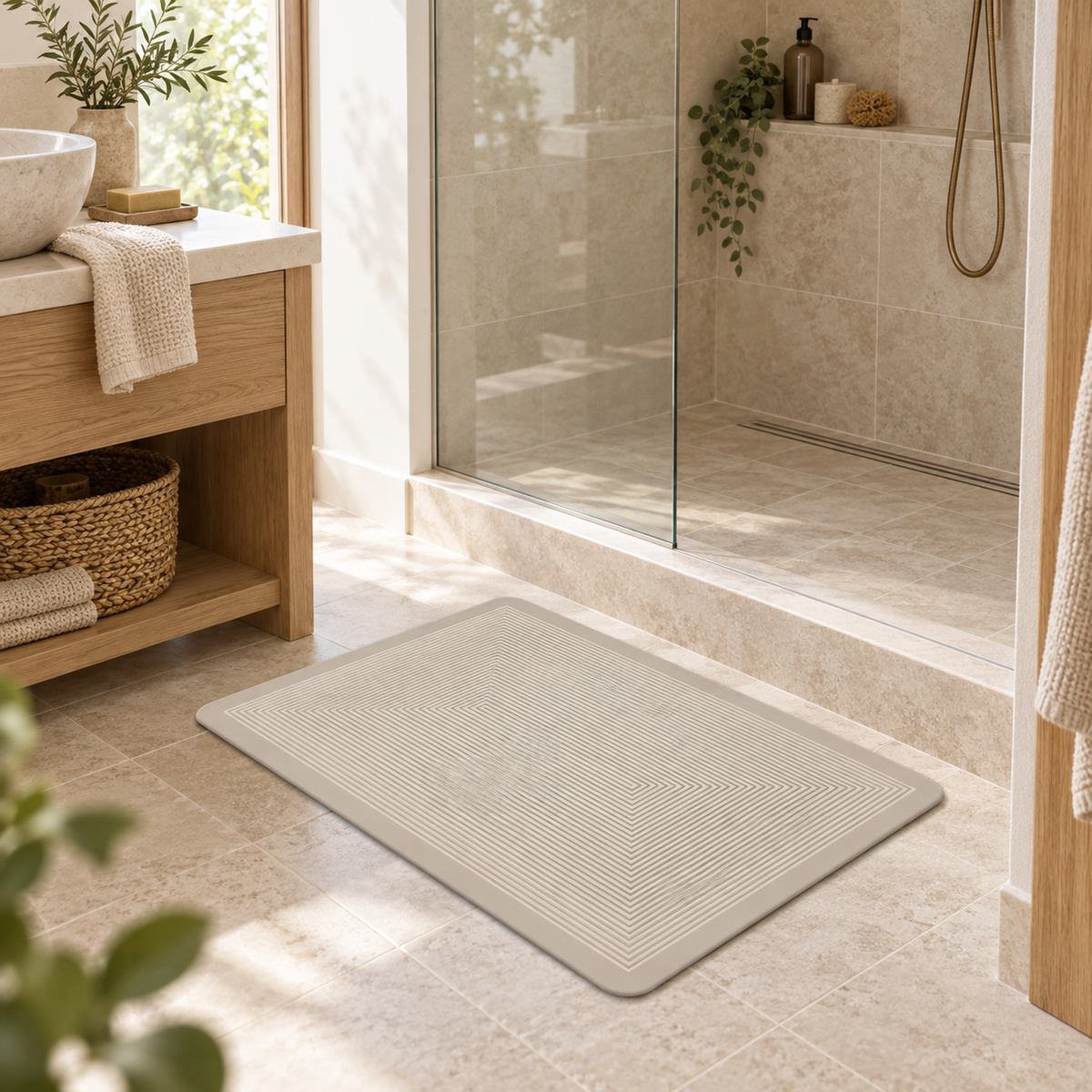 Tapis De Bain Bohème – Géométrie Bohème / 40×60cm, Géométrie Bohème / 50×80cm, Géométrie Bohème / 60×90cm dans une salle d…