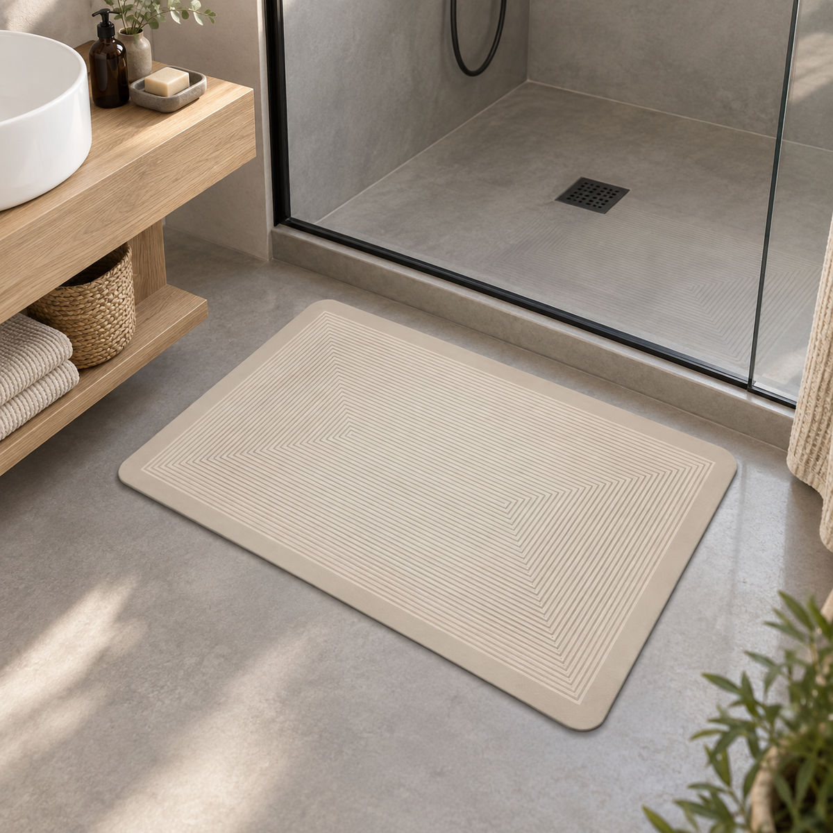 Tapis De Bain Bohème – Géométrie Bohème / 40×60cm, Géométrie Bohème / 50×80cm, Géométrie Bohème / 60×90cm dans une salle d…