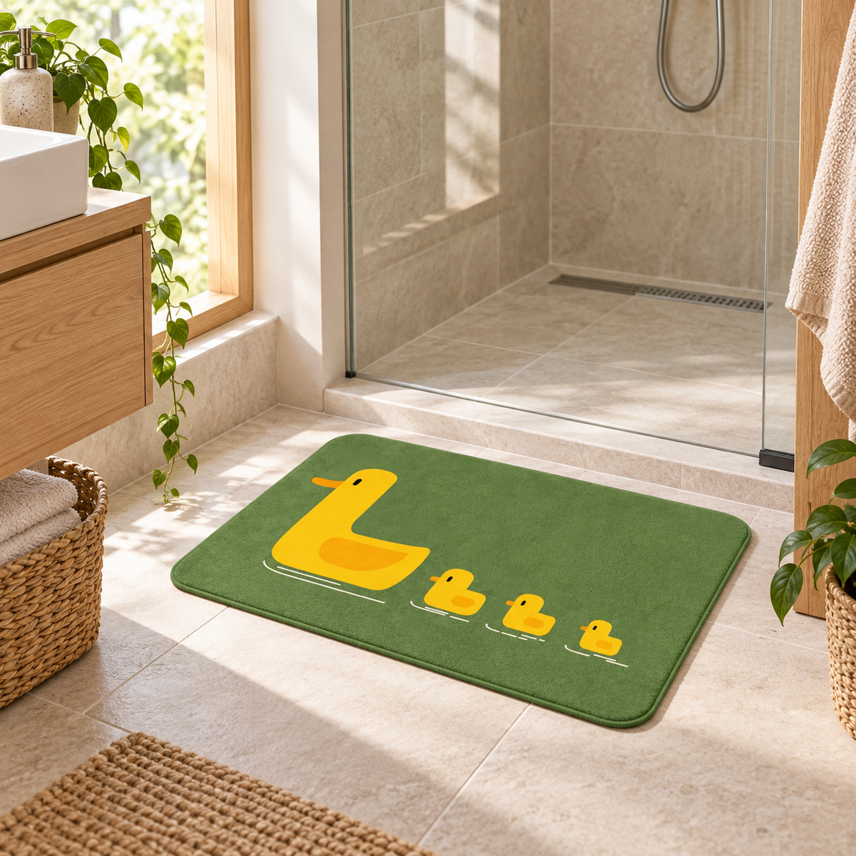 Tapis De Bain Canard – Vert Prairie / 40x60cm, Vert Prairie / 50x80cm dans une salle de bain lumineuse