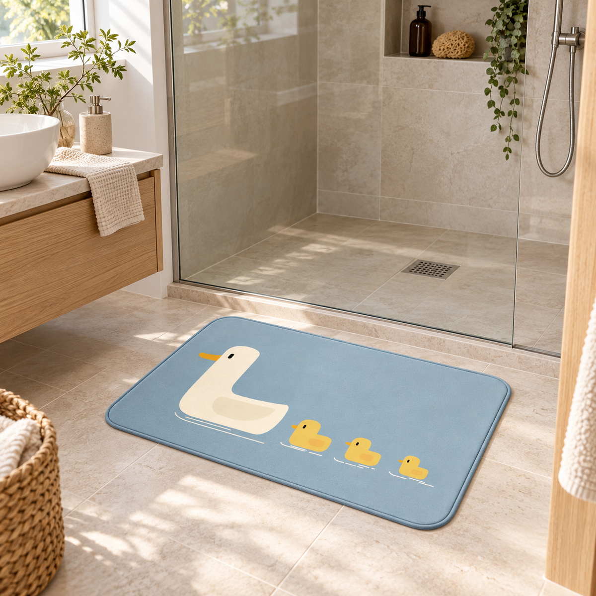 Tapis De Bain Canard – Bleu Glacier / 40x60cm, Bleu Glacier / 50x80cm dans une salle de bain lumineuse