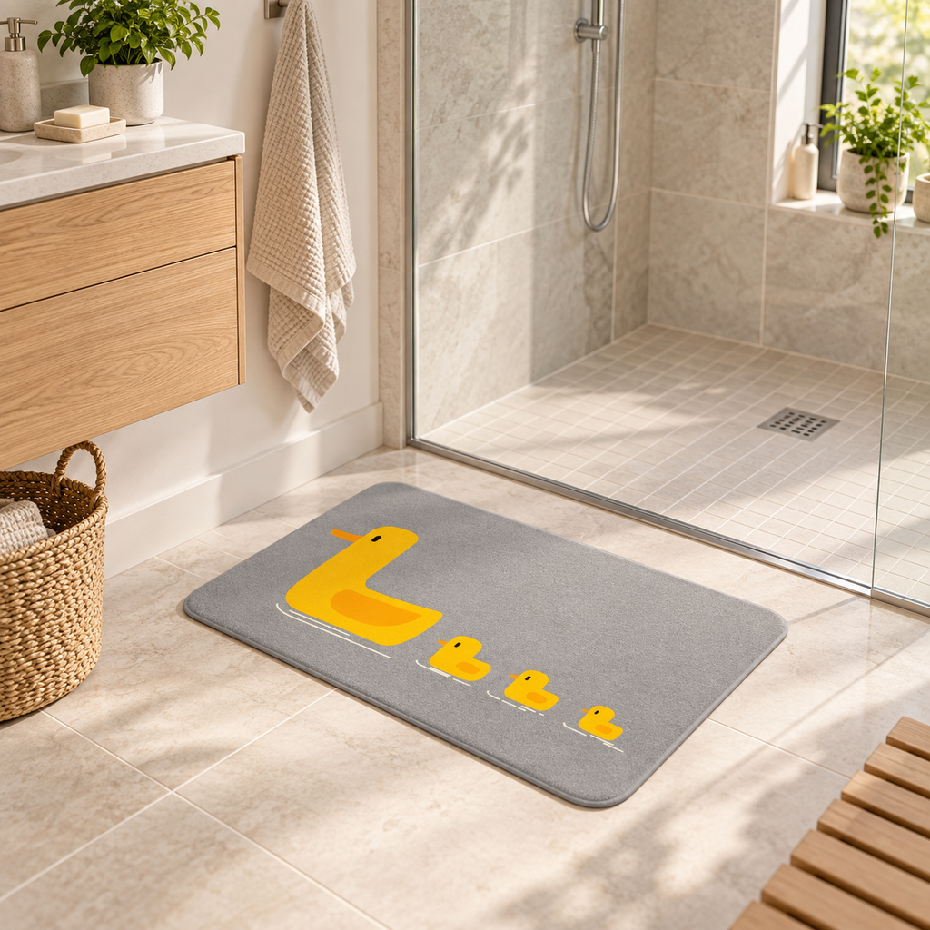 Tapis De Bain Canard – Gris Nuage / 40x60cm, Gris Nuage / 50x80cm dans une salle de bain lumineuse