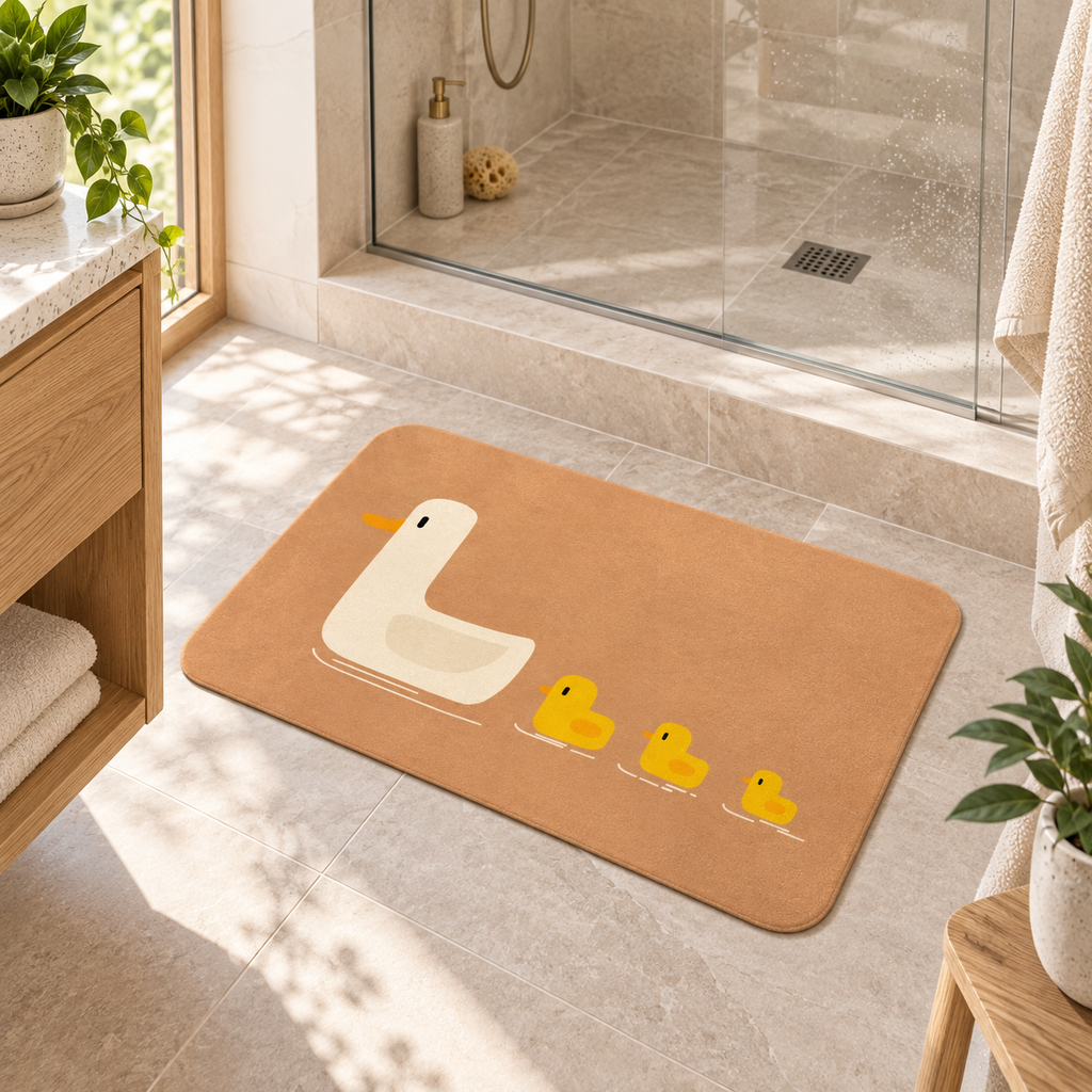 Tapis De Bain Canard – Pêche Doré / 40x60cm, Pêche Doré / 50x80cm dans une salle de bain lumineuse