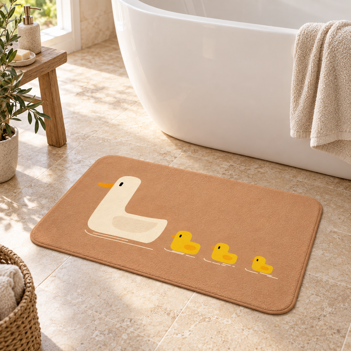 Tapis De Bain Canard – Pêche Doré / 40x60cm, Pêche Doré / 50x80cm près d’une baignoire