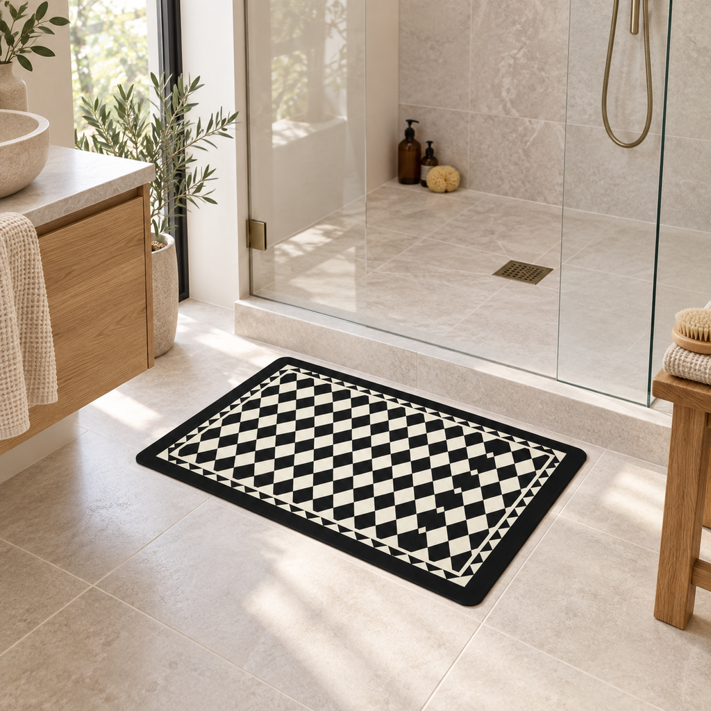 Tapis De Bain Carreaux – Damier Diagonal / 45x75cm, Damier Diagonal / 50x80cm, Damier Diagonal / 60x90cm dans une salle de…
