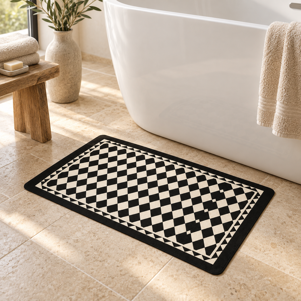 Tapis De Bain Carreaux – Damier Diagonal / 45x75cm, Damier Diagonal / 50x80cm, Damier Diagonal / 60x90cm près d’une baignoire