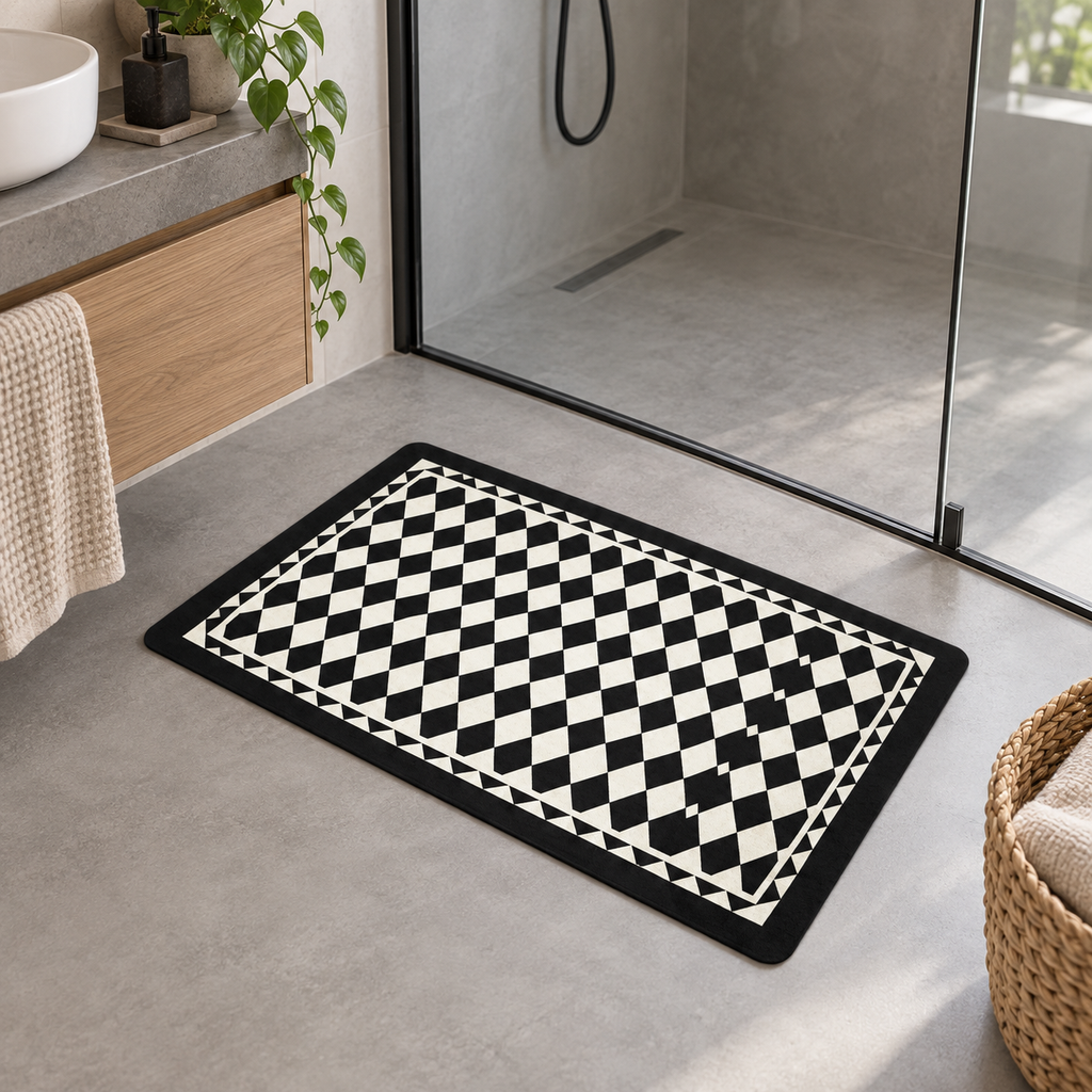 Tapis De Bain Carreaux – Damier Diagonal / 45x75cm, Damier Diagonal / 50x80cm, Damier Diagonal / 60x90cm dans une salle de…