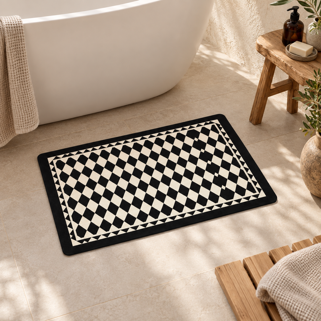 Tapis De Bain Carreaux – Damier Diagonal / 45x75cm, Damier Diagonal / 50x80cm, Damier Diagonal / 60x90cm dans une ambiance…