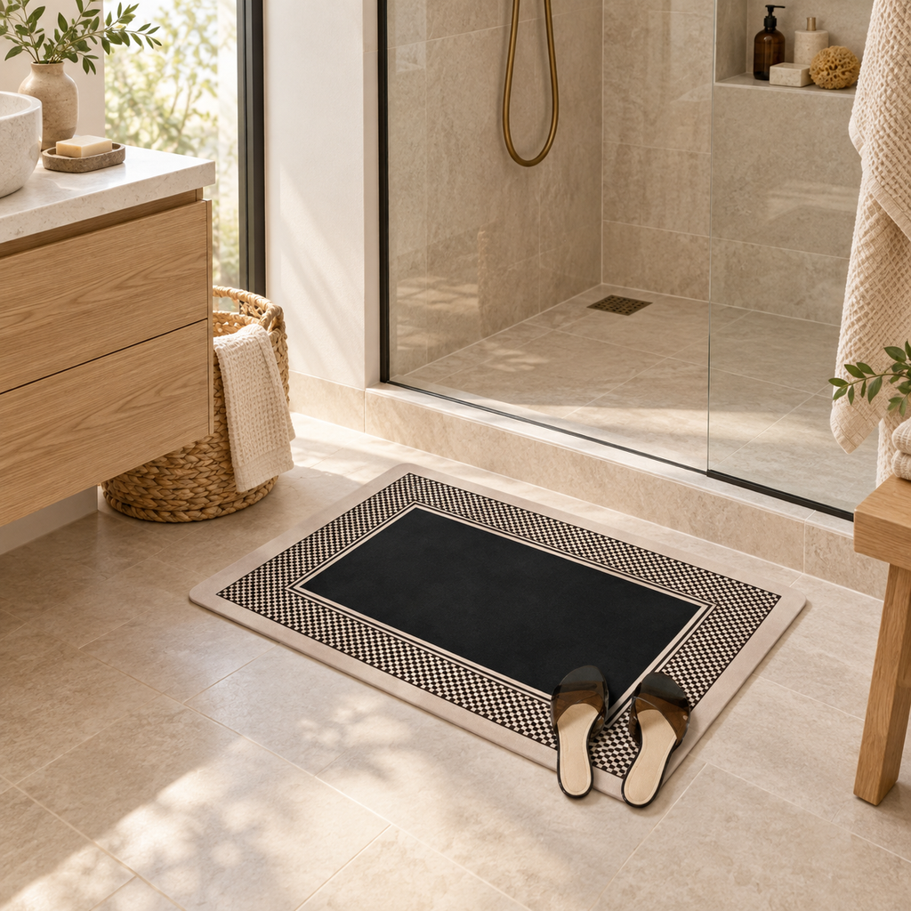 Tapis De Bain Carreaux – Carreaux Profond / 45x75cm, Carreaux Profond / 50x80cm, Carreaux Profond / 60x90cm dans une salle…