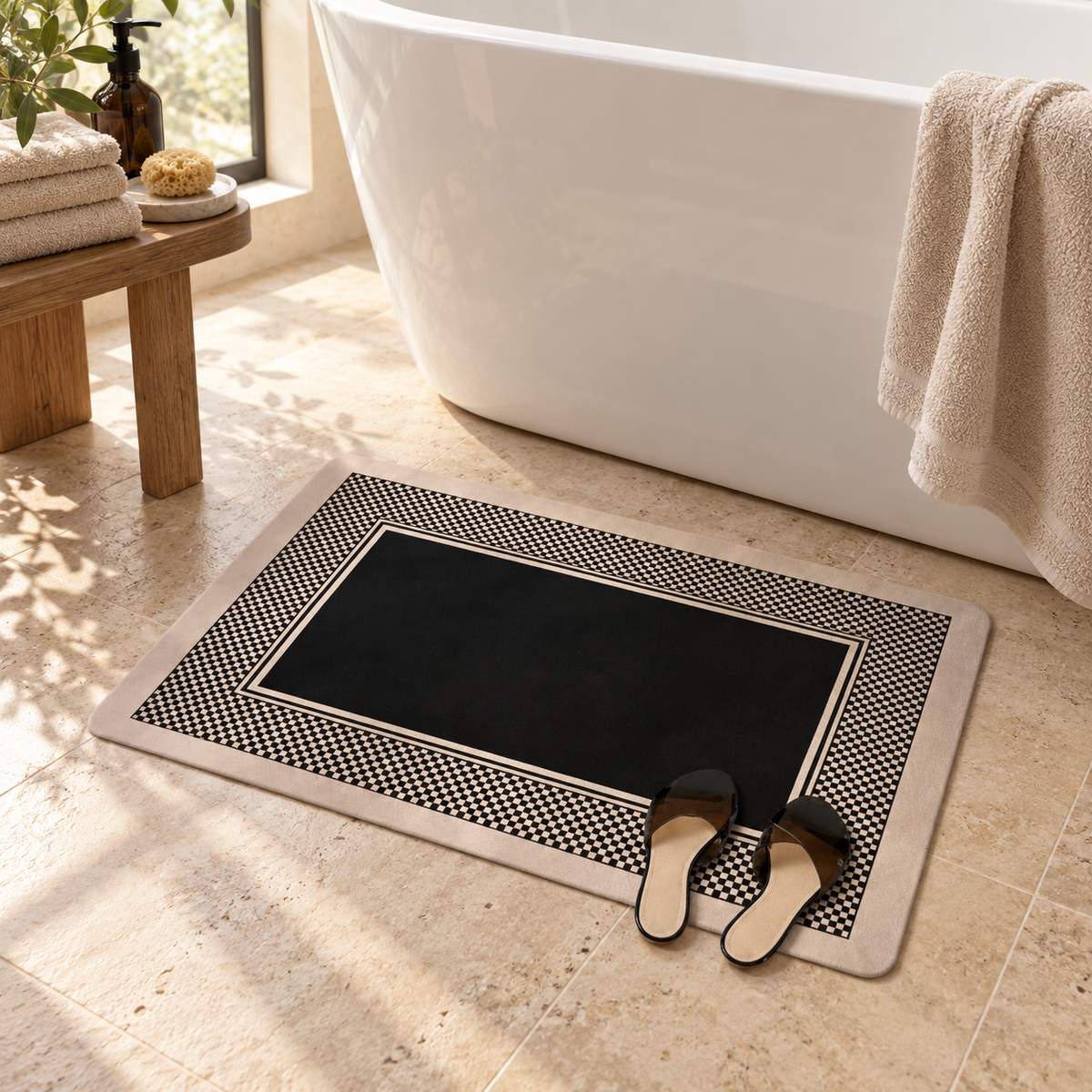 Tapis De Bain Carreaux – Carreaux Profond / 45x75cm, Carreaux Profond / 50x80cm, Carreaux Profond / 60x90cm près d’une bai…