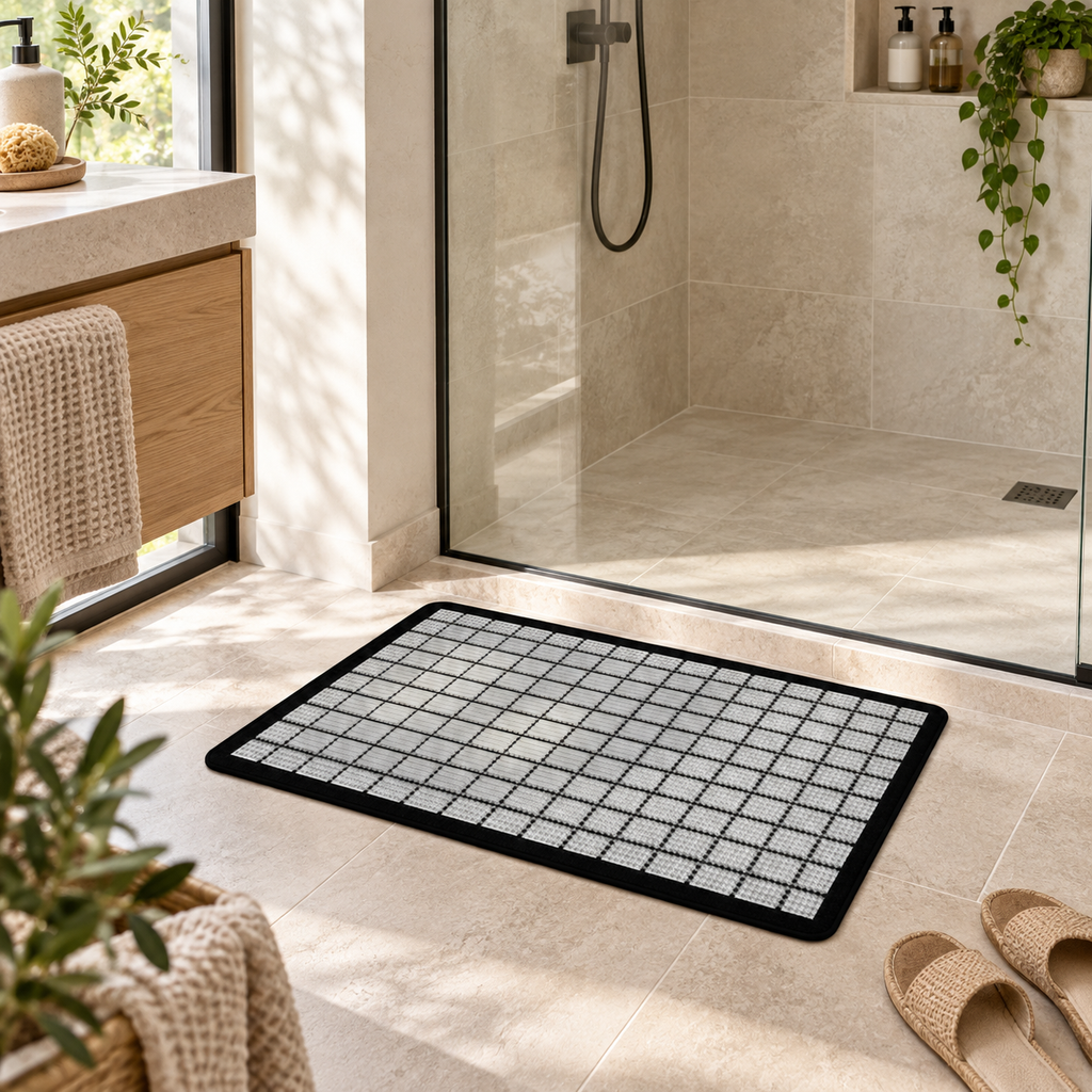 Tapis De Bain Carreaux – Damier Mirage / 45x75cm, Damier Mirage / 50x80cm, Damier Mirage / 60x90cm dans une salle de bain…