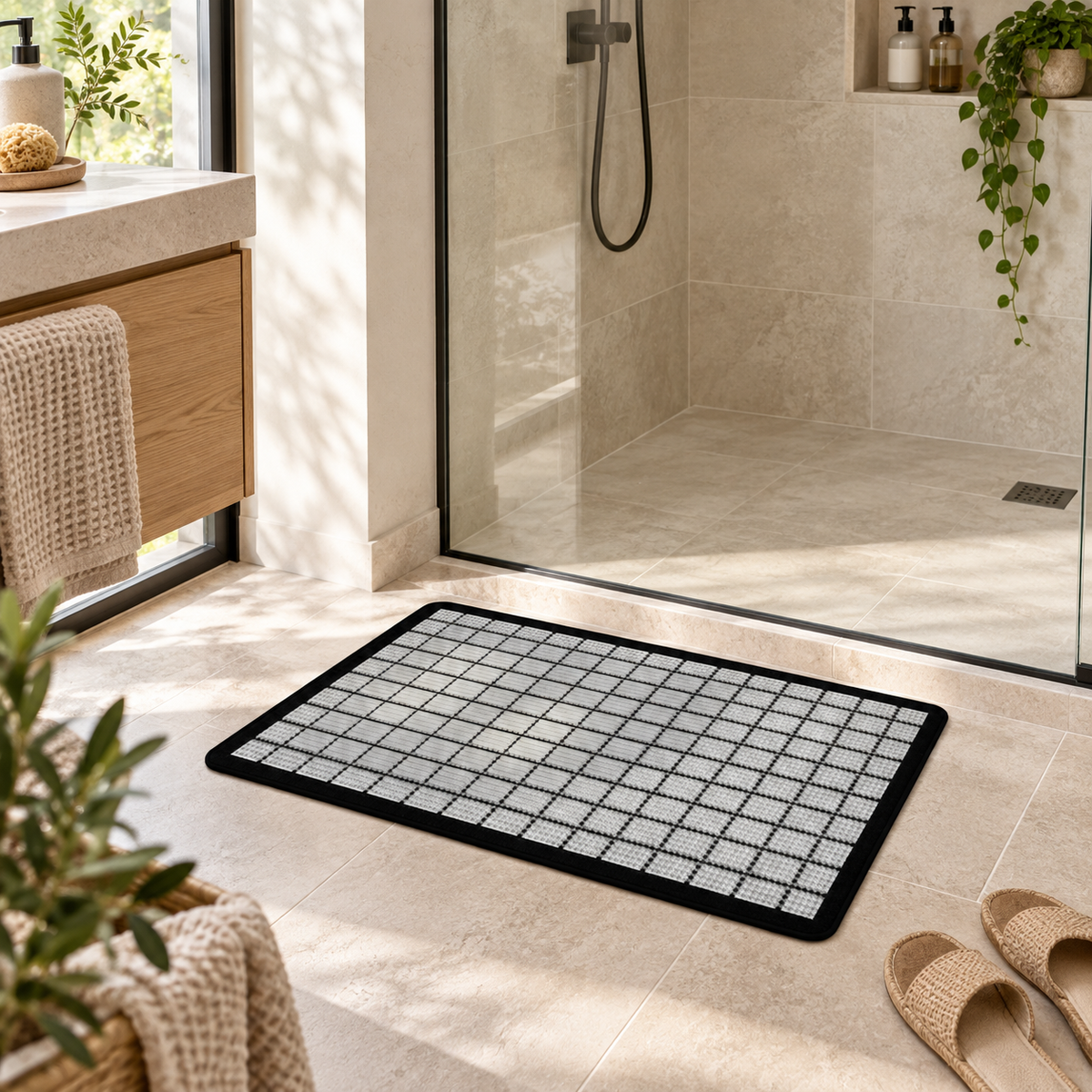 Tapis De Bain Carreaux – Damier Mirage / 45x75cm, Damier Mirage / 50x80cm, Damier Mirage / 60x90cm dans une salle de bain…