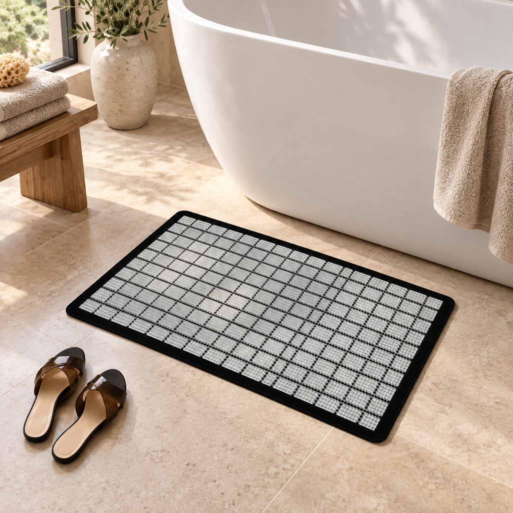 Tapis De Bain Carreaux – Damier Mirage / 45x75cm, Damier Mirage / 50x80cm, Damier Mirage / 60x90cm près d’une baignoire