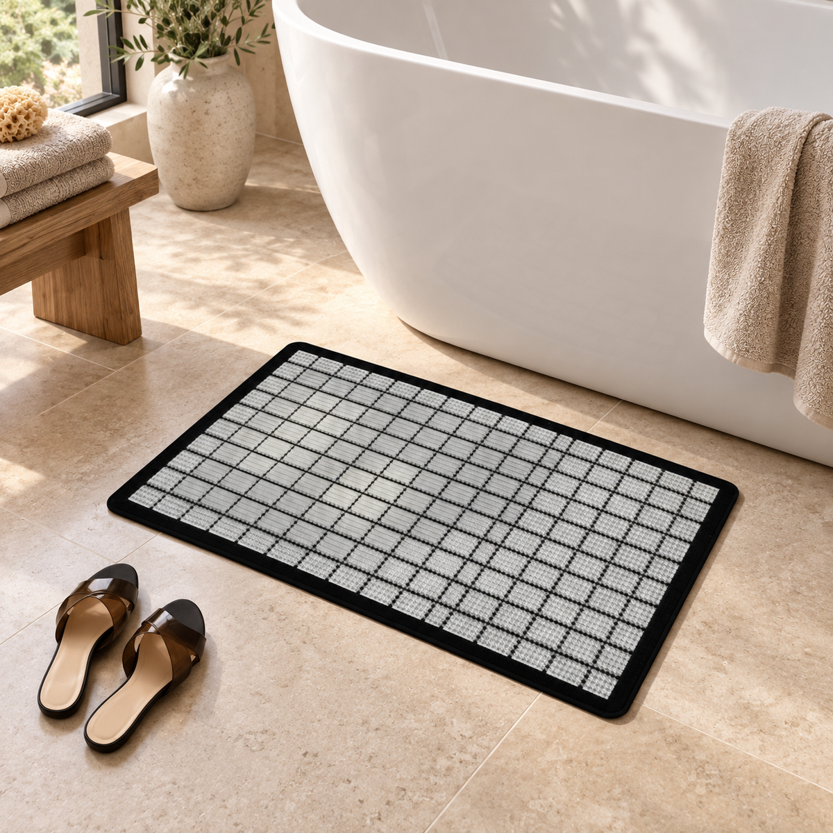 Tapis De Bain Carreaux – Damier Mirage / 45x75cm, Damier Mirage / 50x80cm, Damier Mirage / 60x90cm près d’une baignoire
