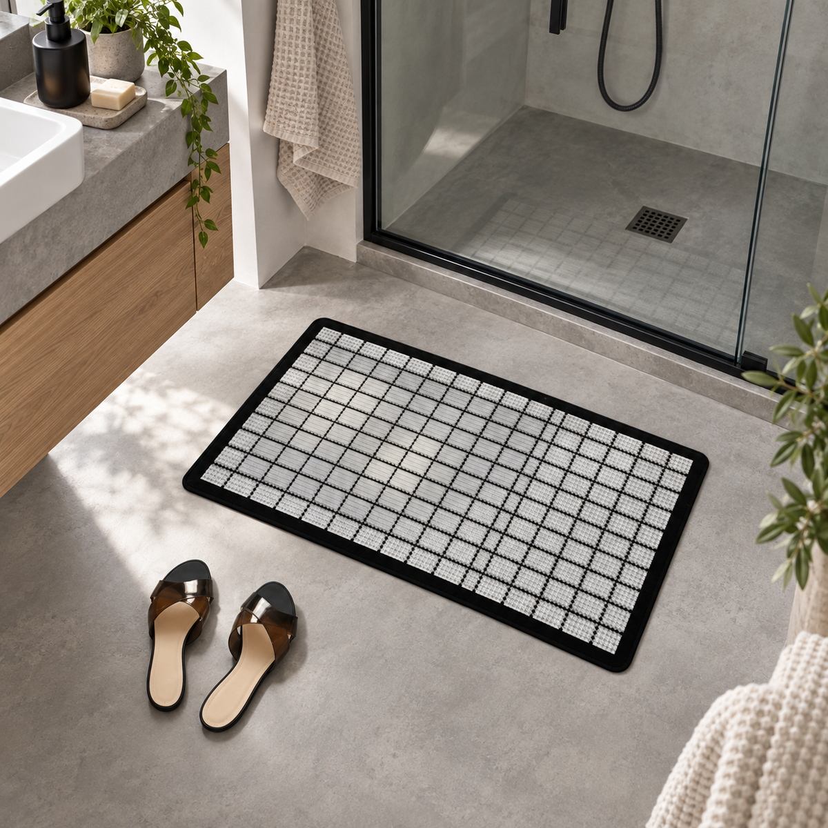 Tapis De Bain Carreaux – Damier Mirage / 45x75cm, Damier Mirage / 50x80cm, Damier Mirage / 60x90cm dans une salle de bain…