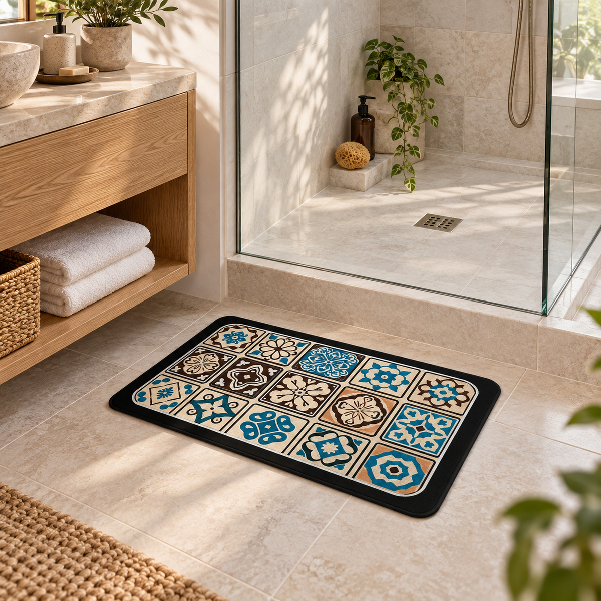 Tapis De Bain Carreaux De Ciment – Bleu Ottoman / 40x60cm, Bleu Ottoman / 45x75cm, Bleu Ottoman / 60x90cm dans une salle d…