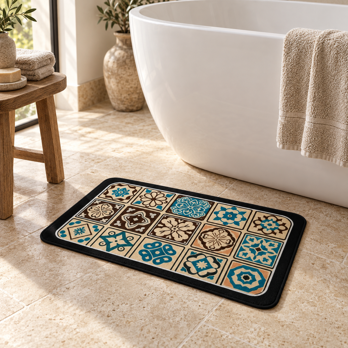 Tapis De Bain Carreaux De Ciment – Bleu Ottoman / 40x60cm, Bleu Ottoman / 45x75cm, Bleu Ottoman / 60x90cm près d’une baign…