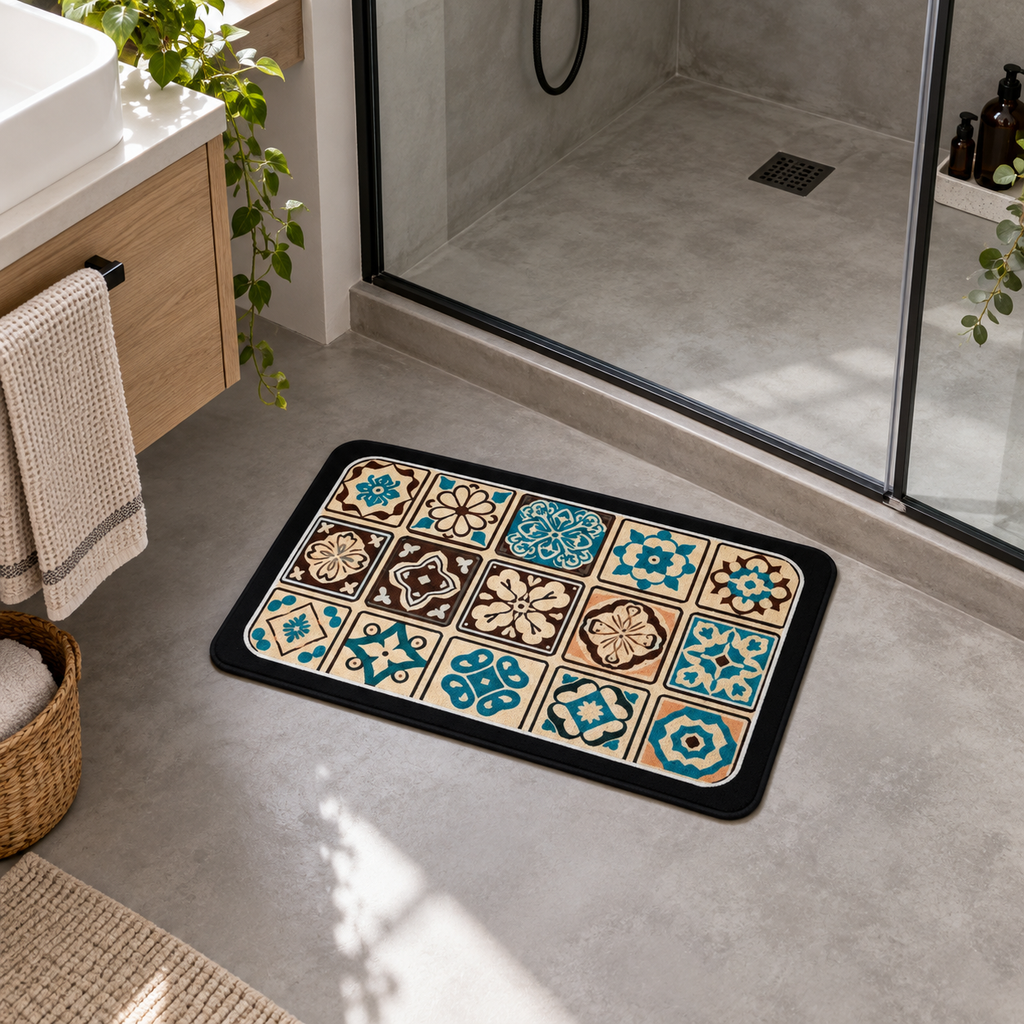 Tapis De Bain Carreaux De Ciment – Bleu Ottoman / 40x60cm, Bleu Ottoman / 45x75cm, Bleu Ottoman / 60x90cm dans une salle d…