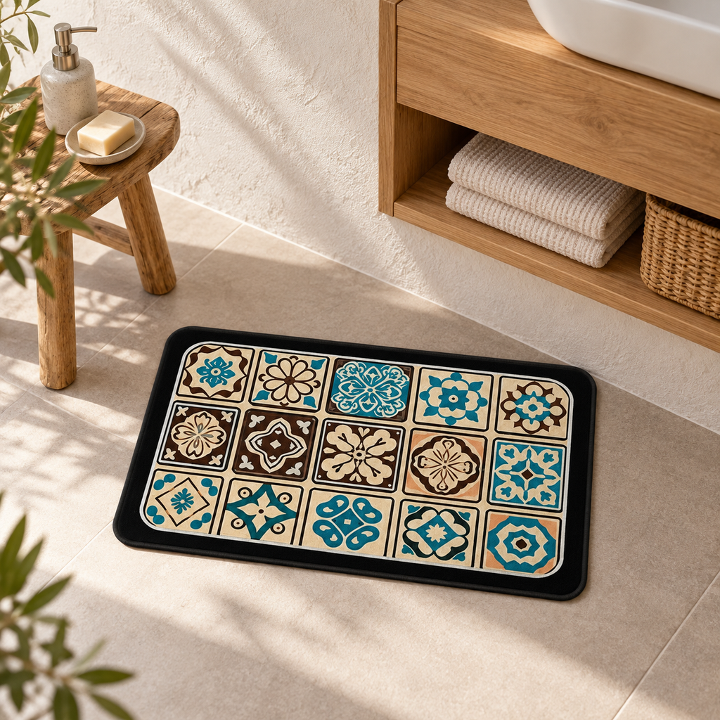 Tapis De Bain Carreaux De Ciment – Bleu Ottoman / 40x60cm, Bleu Ottoman / 45x75cm, Bleu Ottoman / 60x90cm dans une ambianc…