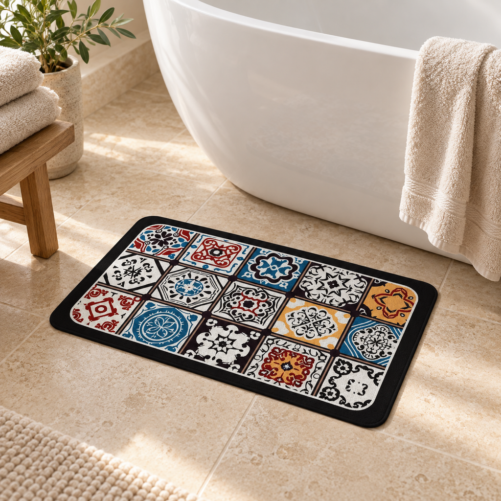 Tapis De Bain Carreaux De Ciment – Mosaïque Orient / 40x60cm, Mosaïque Orient / 45x75cm, Mosaïque Orient / 60x90cm près d’…