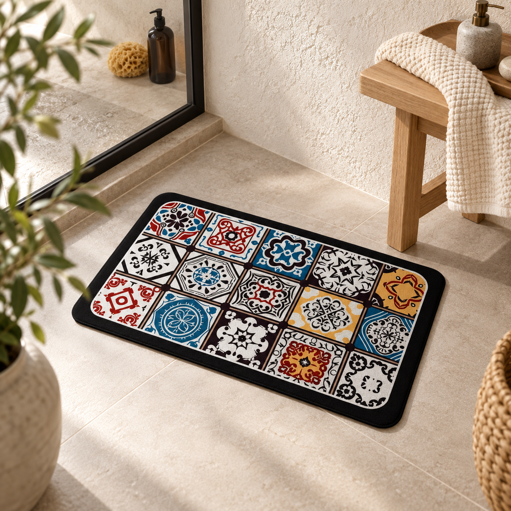 Tapis De Bain Carreaux De Ciment – Mosaïque Orient / 40x60cm, Mosaïque Orient / 45x75cm, Mosaïque Orient / 60x90cm dans un…