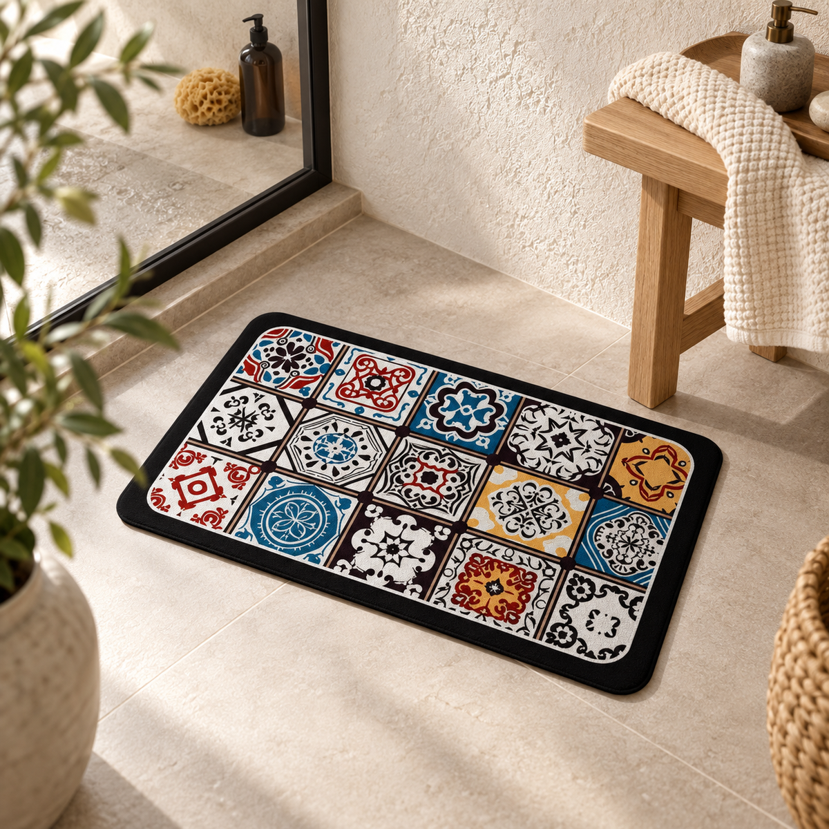 Tapis De Bain Carreaux De Ciment – Mosaïque Orient / 40x60cm, Mosaïque Orient / 45x75cm, Mosaïque Orient / 60x90cm dans un…