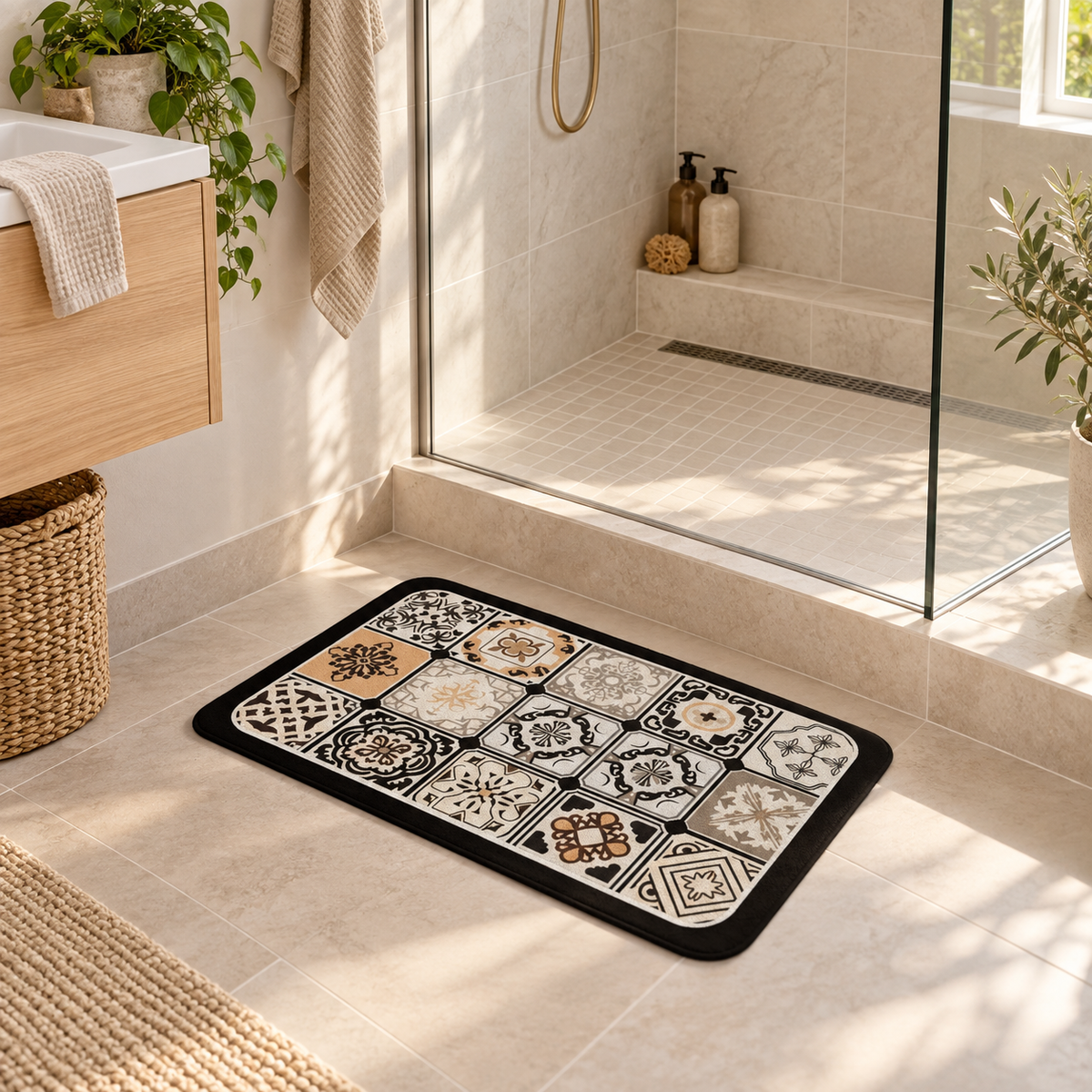Tapis De Bain Carreaux De Ciment – Beige Antique / 40x60cm, Beige Antique / 45x75cm, Beige Antique / 60x90cm dans une sall…