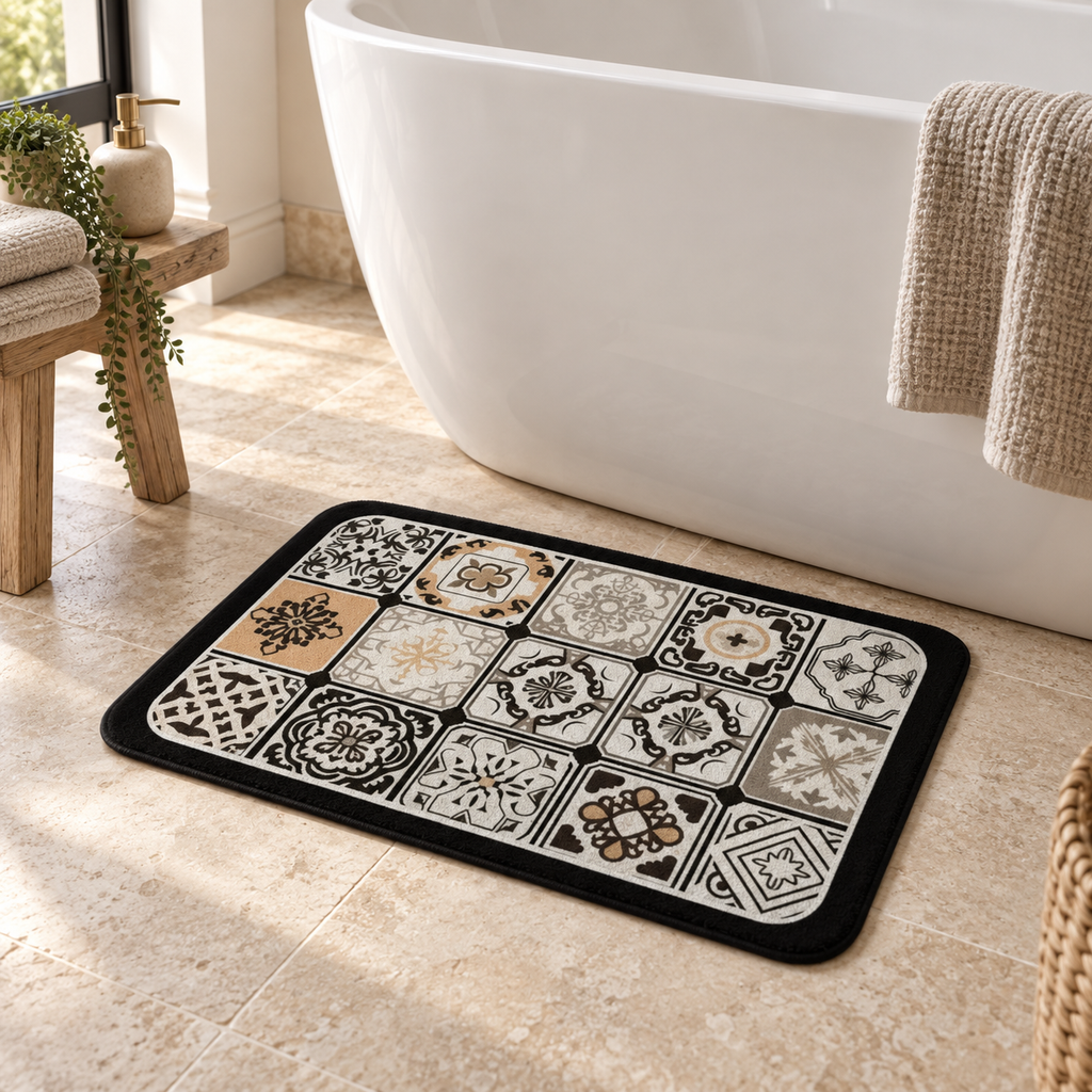 Tapis De Bain Carreaux De Ciment – Beige Antique / 40x60cm, Beige Antique / 45x75cm, Beige Antique / 60x90cm près d’une ba…