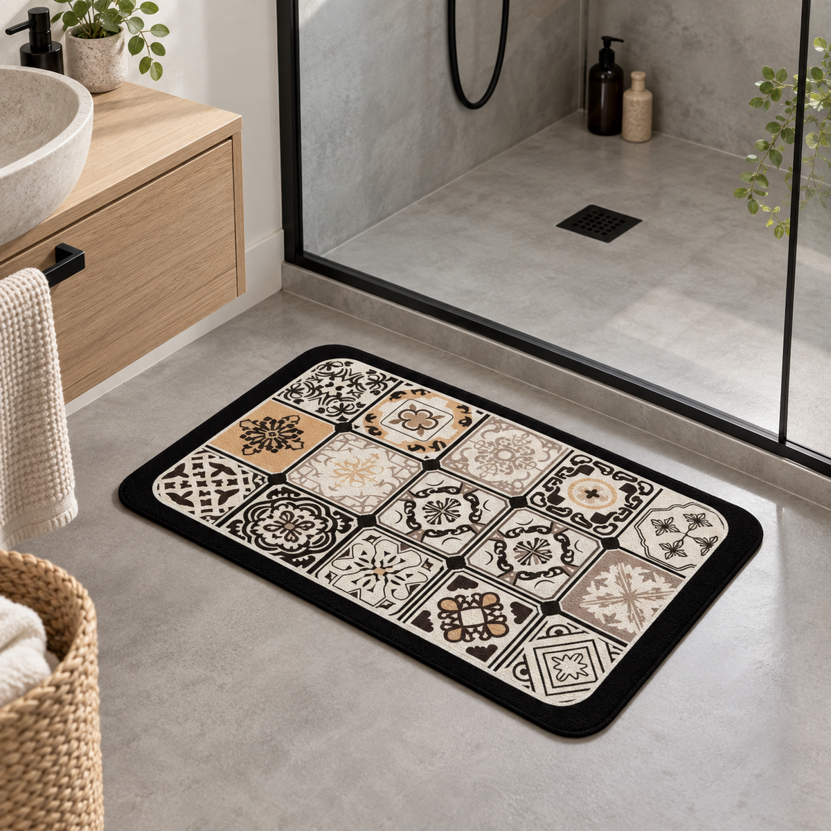 Tapis De Bain Carreaux De Ciment – Beige Antique / 40x60cm, Beige Antique / 45x75cm, Beige Antique / 60x90cm dans une sall…
