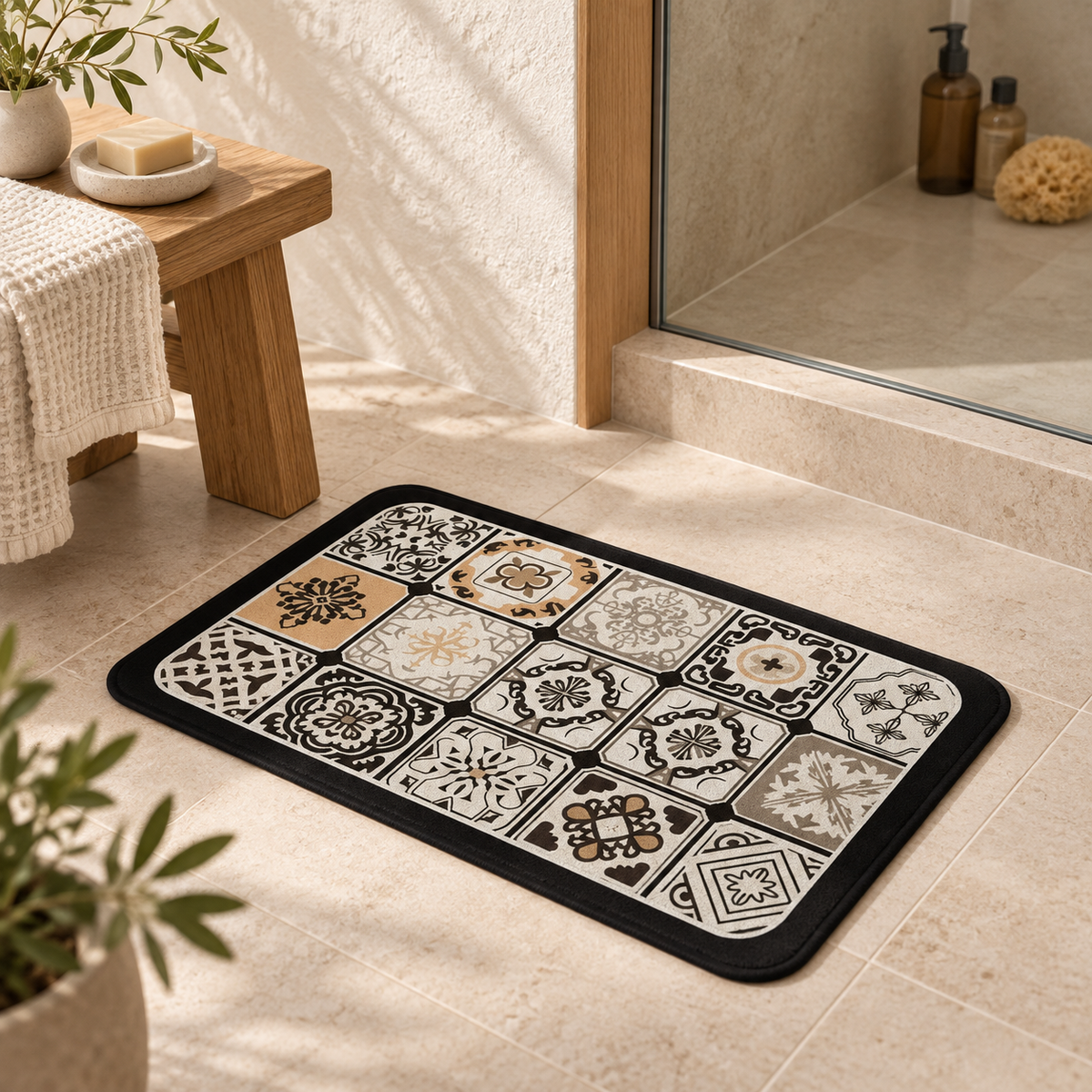 Tapis De Bain Carreaux De Ciment – Beige Antique / 40x60cm, Beige Antique / 45x75cm, Beige Antique / 60x90cm dans une ambi…