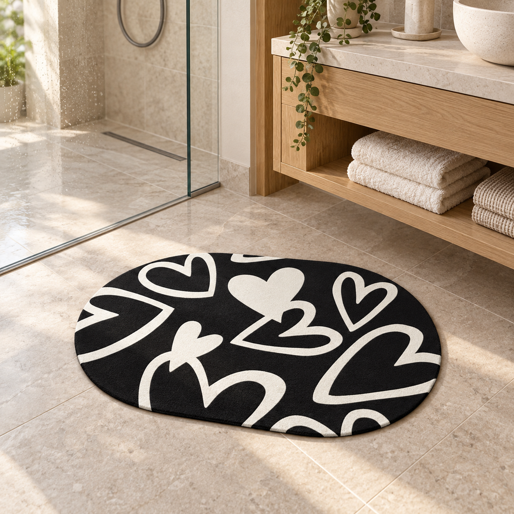 Tapis De Bain Cœur – 40x60cm, 50x80cm dans une salle de bain lumineuse